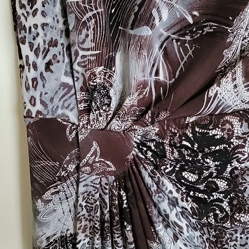 Connected wrap dress. Size 8P. Brown, blue animal print - Picture 3 of 7